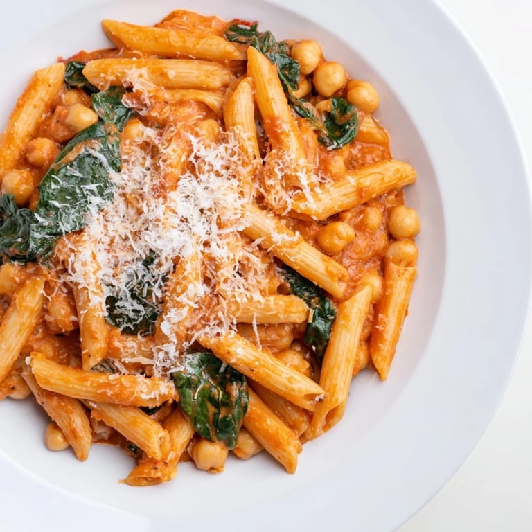 A close-up of Creamy Tuscan Chickpea Pasta, garnished with fresh basil and Parmesan, steam rising from the hearty vegetarian dish.