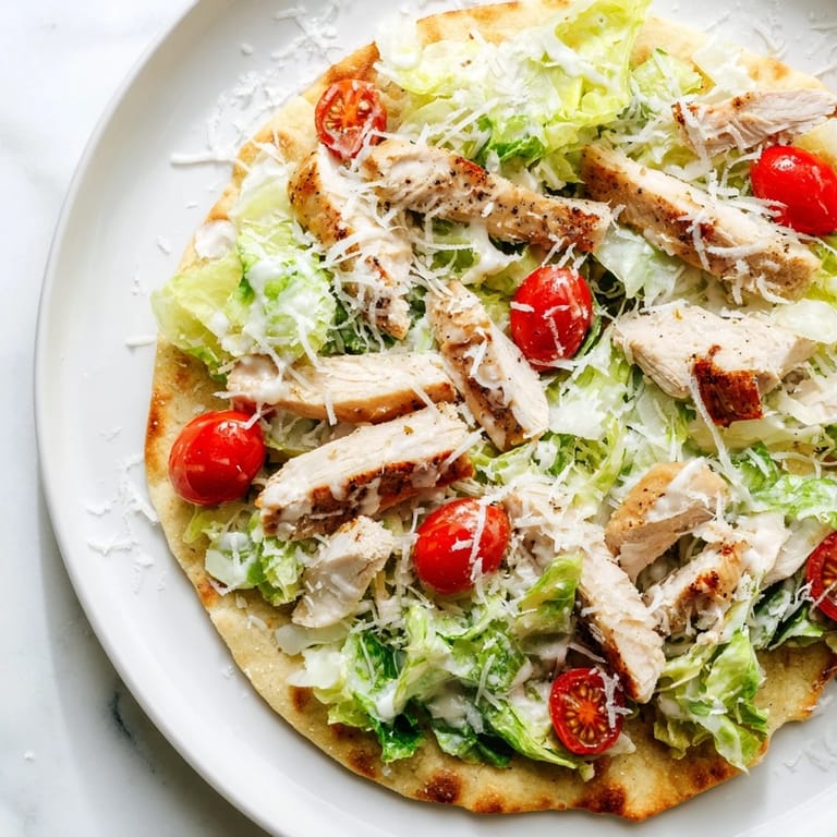 Warm, freshly baked Chicken Caesar Flatbread topped with juicy chicken slices, crisp lettuce, and a generous drizzle of savory Caesar.  