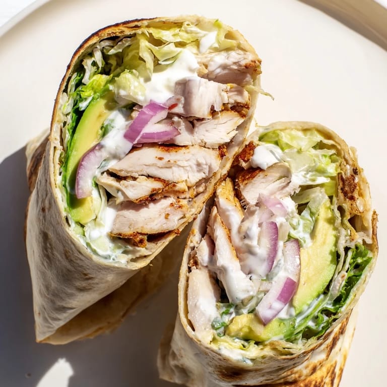 A close-up view of the smoky chipotle chicken wrap, sliced to show layered fillings and creamy sauce.