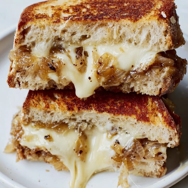Slices of crispy, golden-brown Caramelized Onion Grilled Cheese reveal layers of jammy onions and melted sharp white cheddar.  