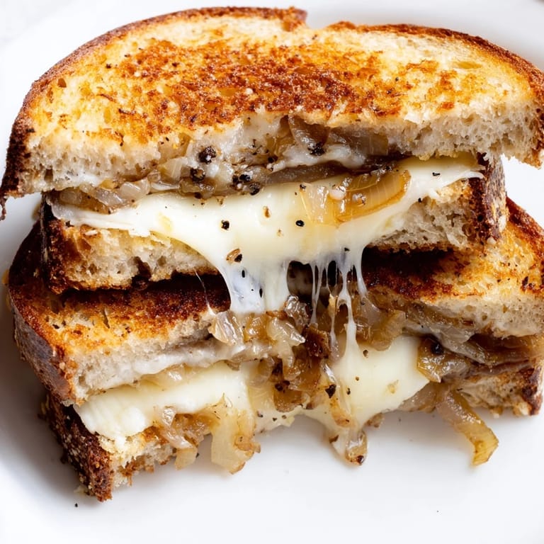 A close-up of the Caramelized Onion Grilled Cheese, featuring buttery, toasted sourdough hugging sweet onions and melted sharp cheddar.
