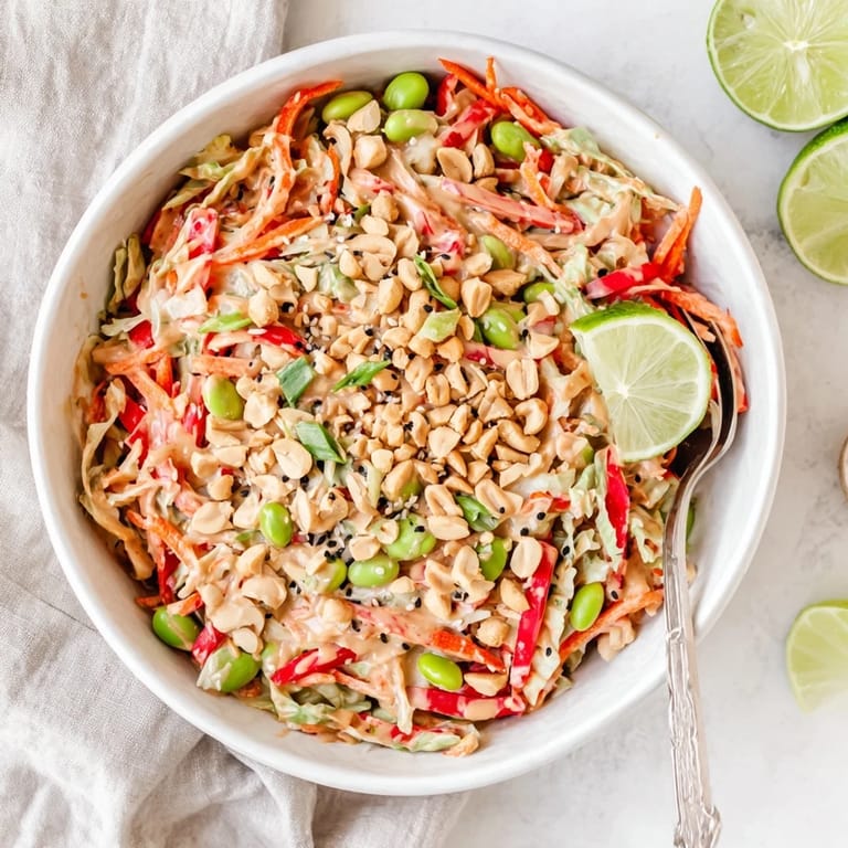 A close-up of Crunchy Thai Peanut Salad topped with roasted peanuts and sesame seeds, perfect for a light vegetarian lunch.