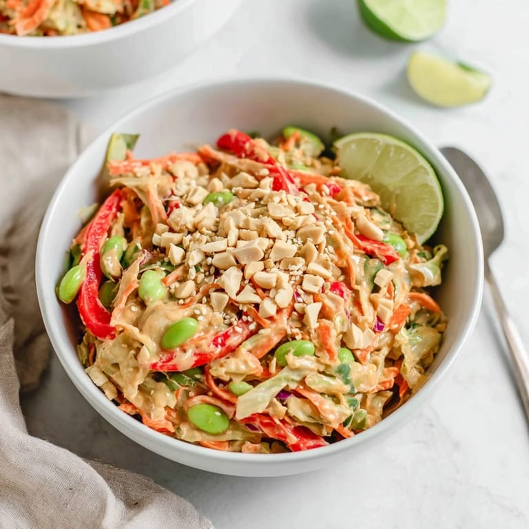 Freshly tossed Crunchy Thai Peanut Salad showcases purple cabbage, red bell pepper, and cilantro, ready to serve with lime wedges.