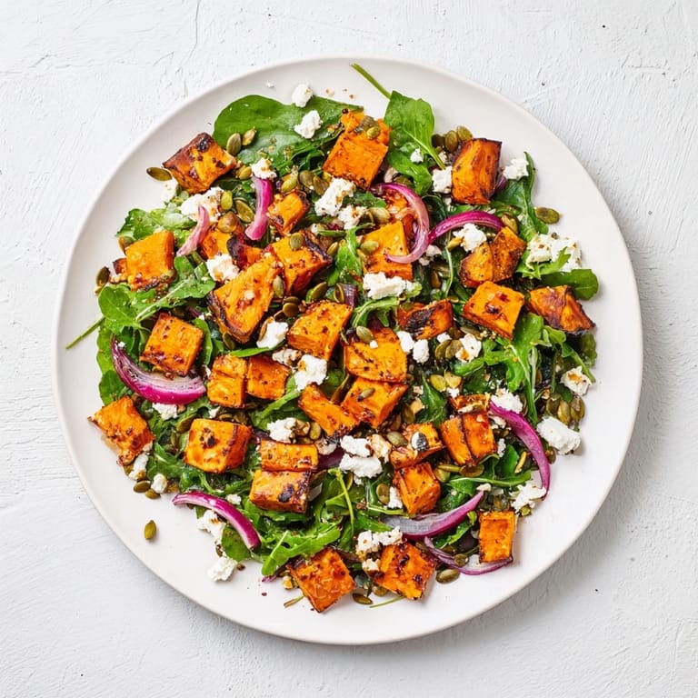 Bright, healthy Roasted Sweet Potato Salad served on a white plate, featuring creamy feta and toasted pumpkin seeds for extra crunch.