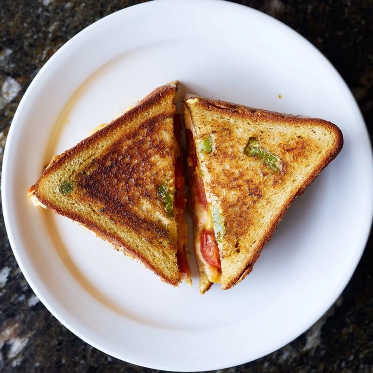 Golden, melty Pepper Jack & Tomato Grilled Cheese halves stacked on a white plate, steam rising from the spicy, cheesy interior.