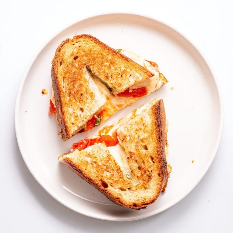 A rustic Pepper Jack & Tomato Grilled Cheese, perfectly grilled with visible pepper jack cheese and red tomato slices on jalapeño-studded bread.