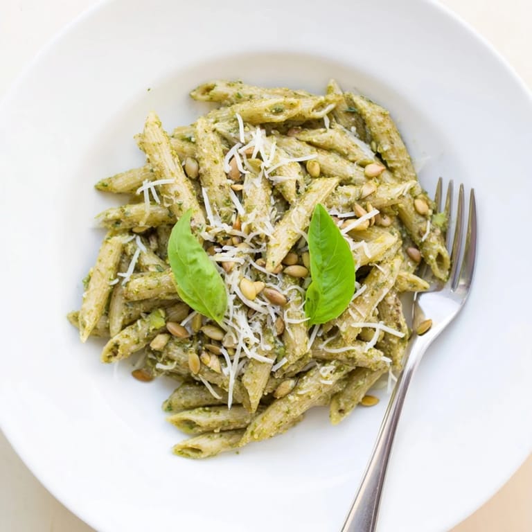 Sunflower seed pesto pasta twirled on a fork, steam rising from the creamy sauce, with lemon and Parmesan accents.