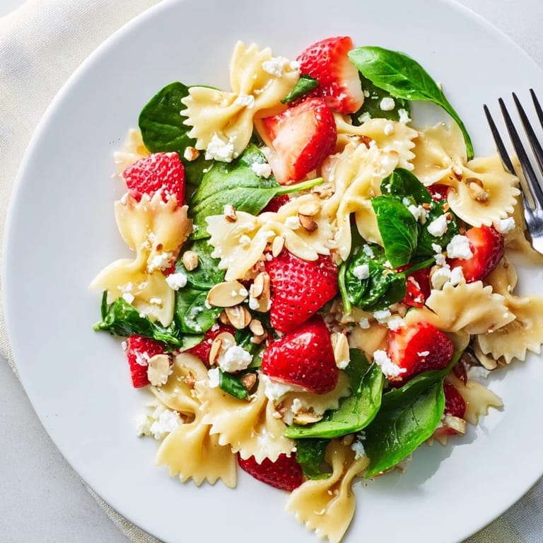 Delicious vegetarian Spring Spinach Strawberry Pasta Salad served with crumbled feta and basil, perfect for warm weather picnics.
