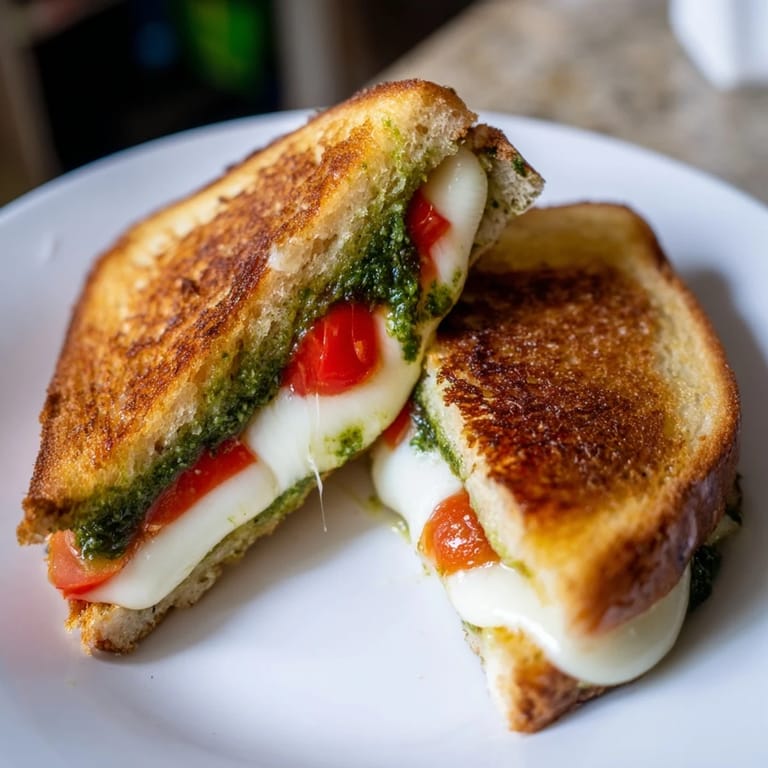 A close-up of Caprese Pesto Grilled Cheese, featuring bubbling mozzarella, vibrant red tomatoes, and toasted bread brushed with butter.