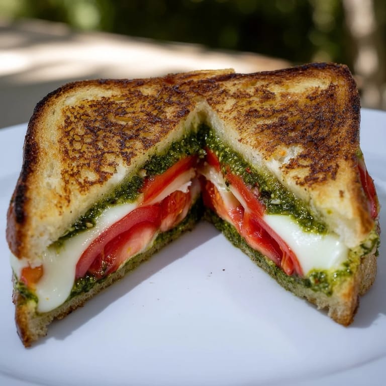 Savory Caprese Pesto Grilled Cheese on sourdough, sliced diagonally to reveal the gooey melted cheese and fresh tomato layers.