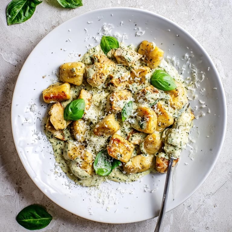 Weeknight dinner platter of savory Italian gnocchi with juicy chicken, served steaming in a rustic skillet.