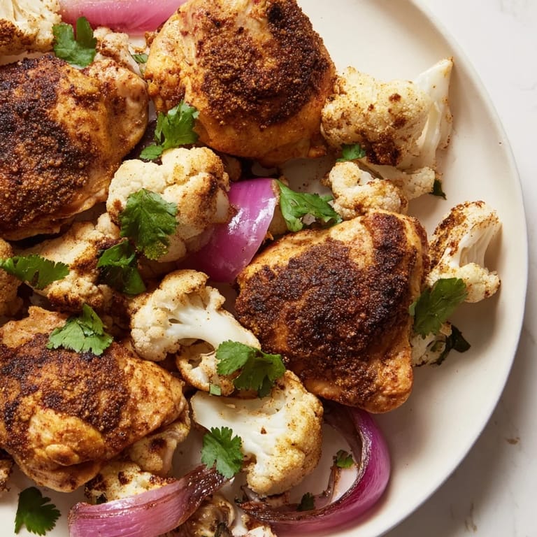 Succulent chicken thighs and tender cauliflower florets roasted together on a sheet pan, served over basmati rice.