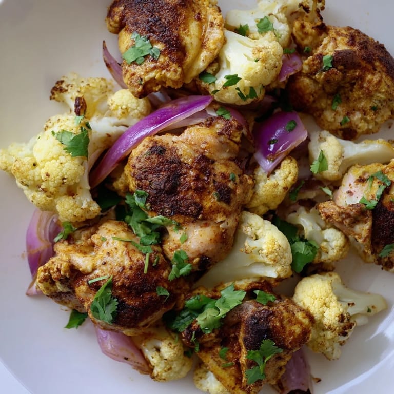 Gluten-free roasted cauliflower chicken sheet pan meal with smoky paprika seasoning, finished with cilantro and lemon.