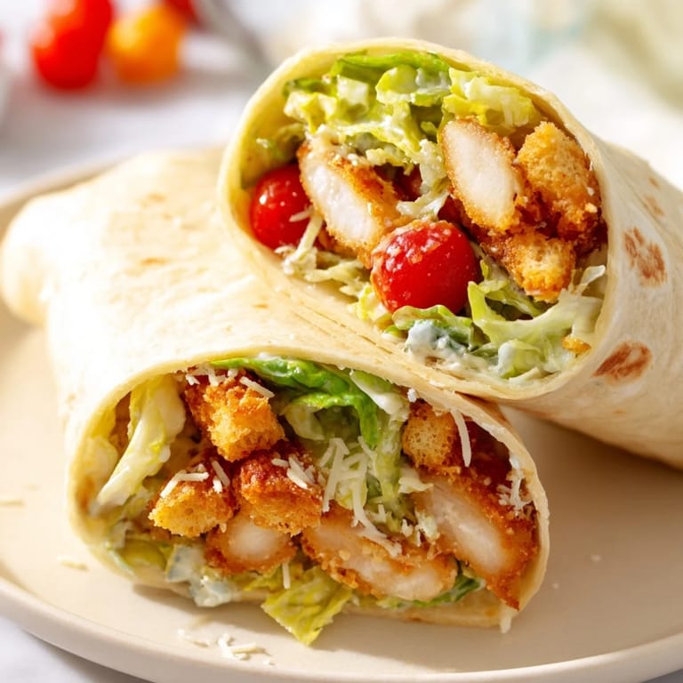 A close-up of a sliced hot honey chicken Caesar wrap, revealing the juicy, spicy chicken inside.