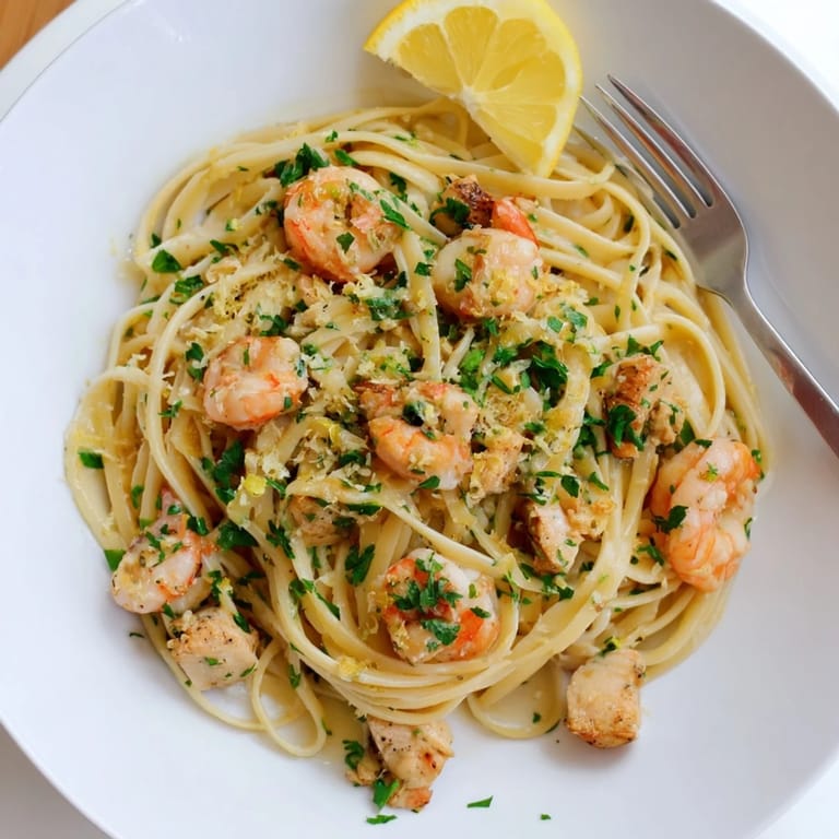 Fork-ready linguine mixed with tender shrimp, golden chicken, and fresh parsley garnish on a white plate.