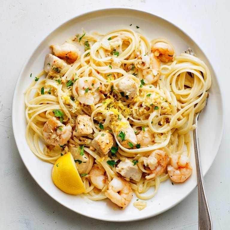 Sizzling skillet of Lemon Garlic Shrimp & Chicken Pasta, featuring juicy shrimp, savory chicken, and bright lemon zest.