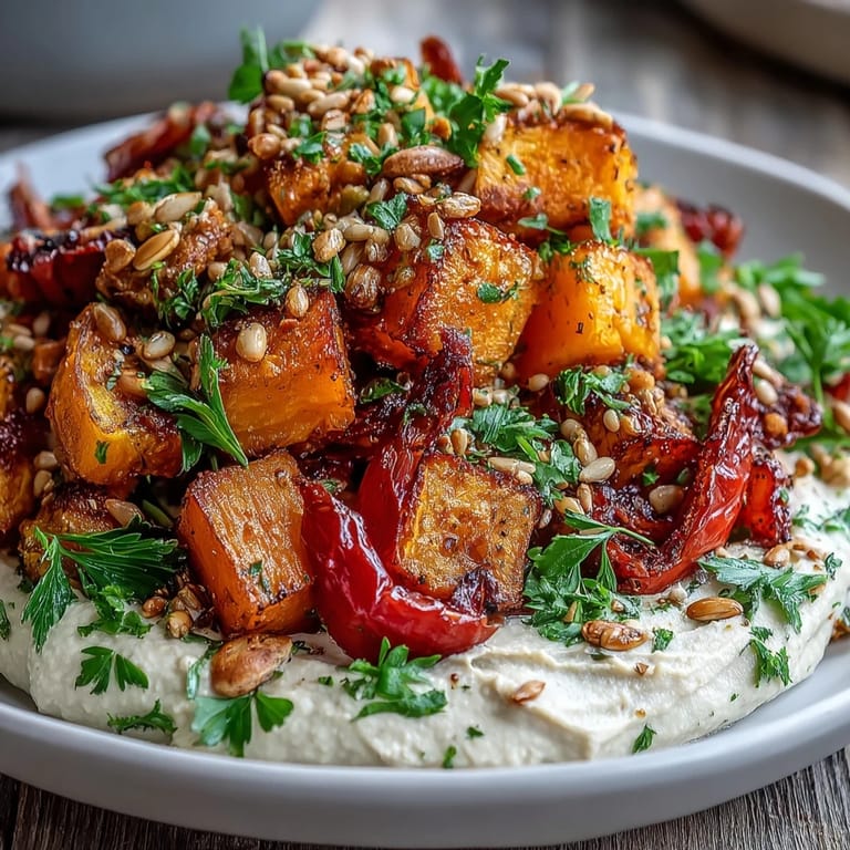 Creamy butter bean hummus topped with flavorful roasted squash, perfect for lunch.