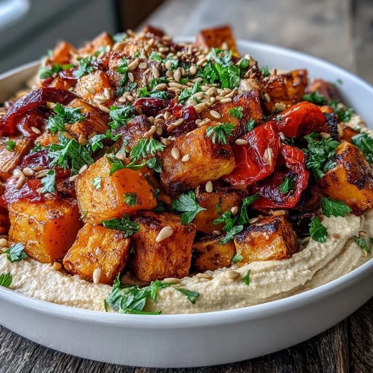 Vibrant winter salad featuring roasted squash and hummus, ready to serve.