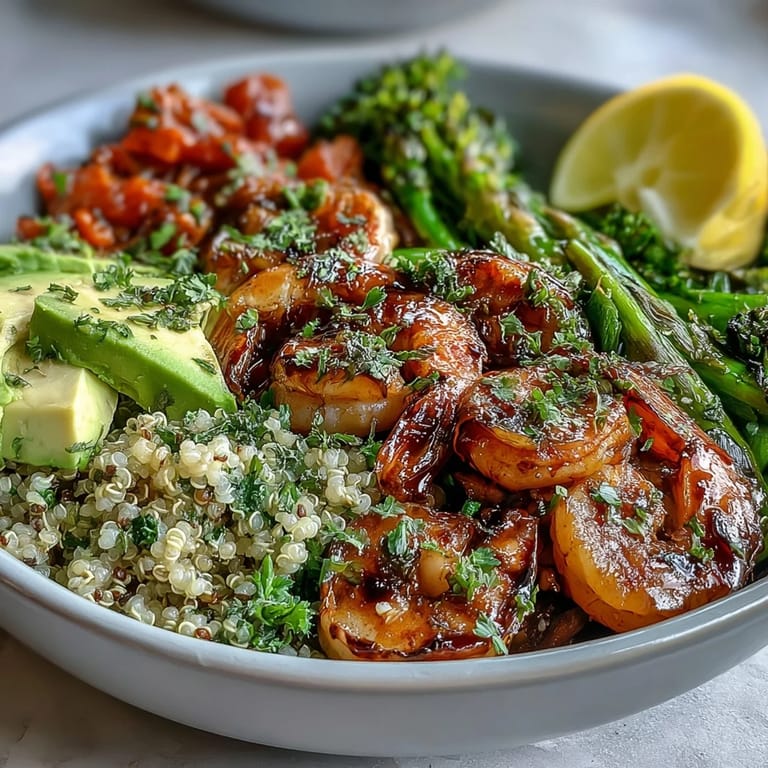 Healthy detox Buddha bowl with juicy shrimp and creamy avocado, ready to enjoy.