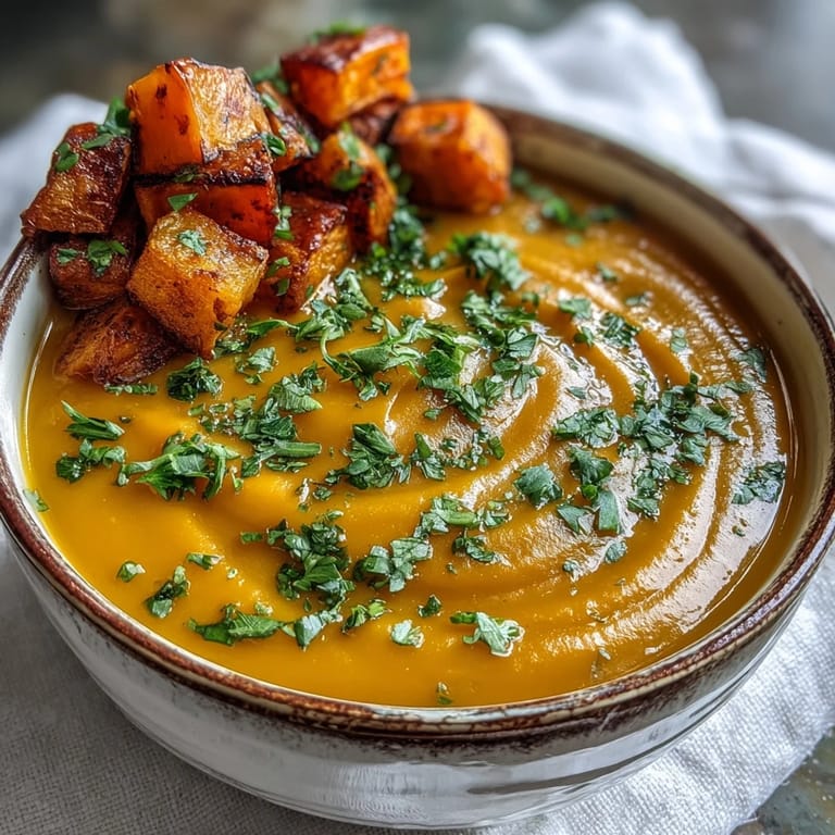Velvety Butternut Squash and Lentil Soup, showcasing tender roasted squash and earthy lentils.