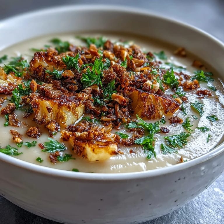 Velvety celeriac soup featuring a savory hazelnut crumble topping for texture.