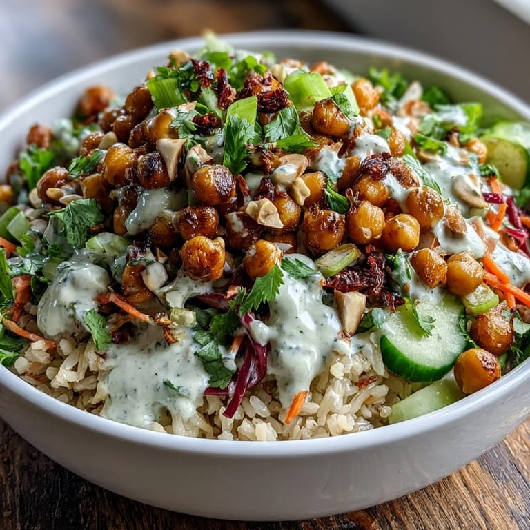 Healthy vegan Peanut Chickpea Rice Bowl, quick lunch with vibrant fresh vegetables.
