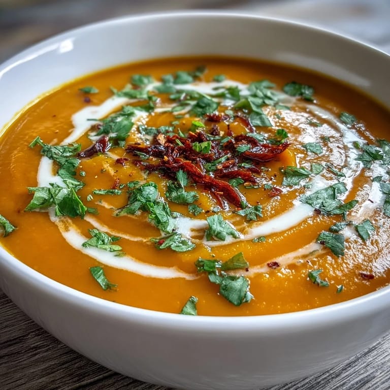 Creamy, spiced Carrot, Celeriac, and Chilli Soup topped with fresh coriander.