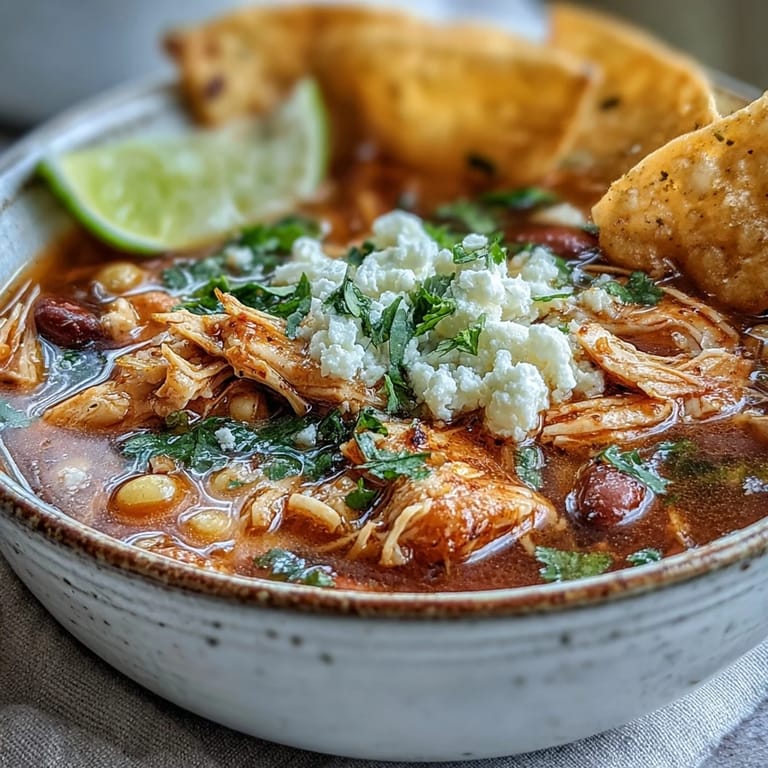 Freshly fried tortilla strips and creamy avocado slices garnish a hearty pot of Chicken Tortilla Soup.