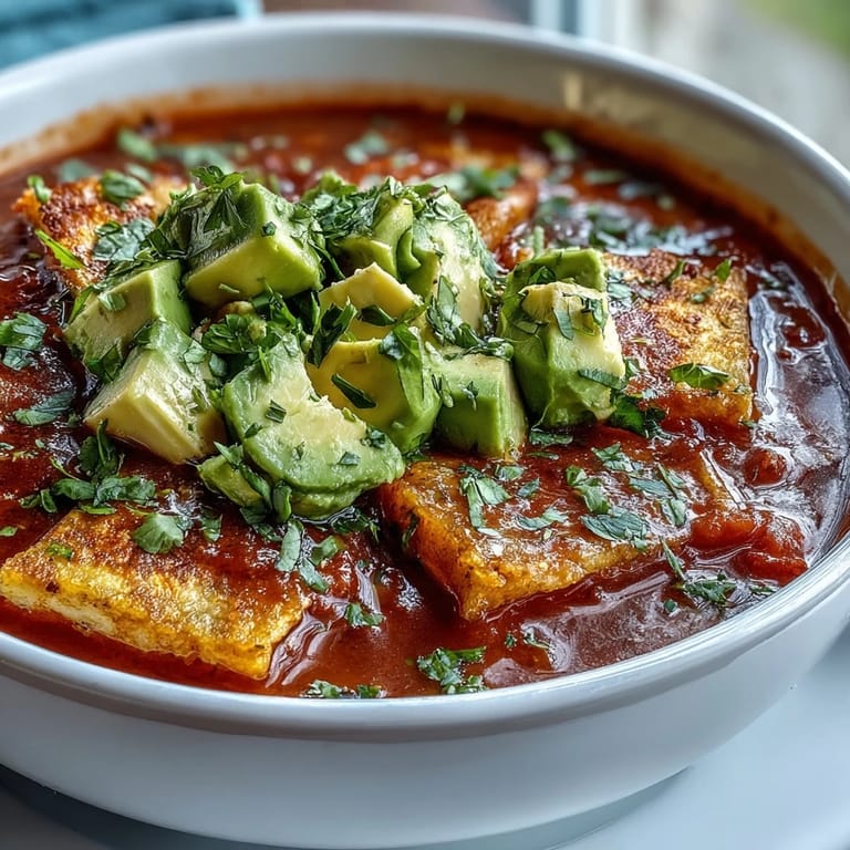 A close-up of vibrant Sopa Azteca reveals rich red broth, lime wedges, and crumbled panela cheese beside crispy tortilla strips.  