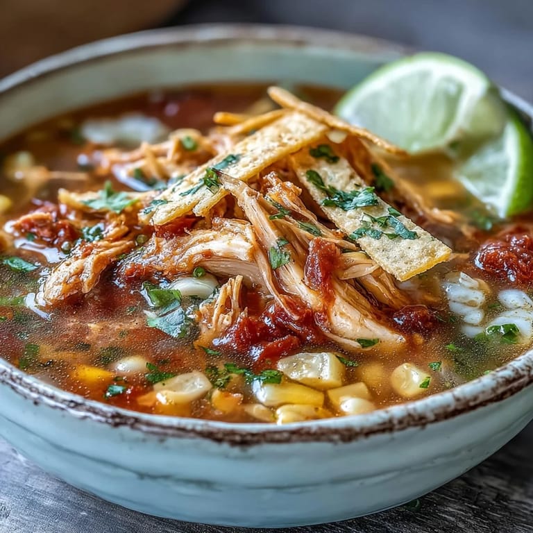 A bowl of Best Chicken Tortilla Soup topped with avocado and crunchy tortilla strips.
