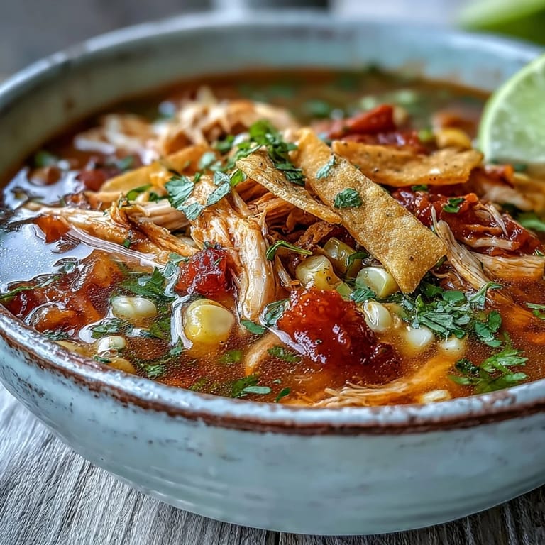 Close-up on Best Chicken Tortilla Soup with cilantro garnish and spoon.