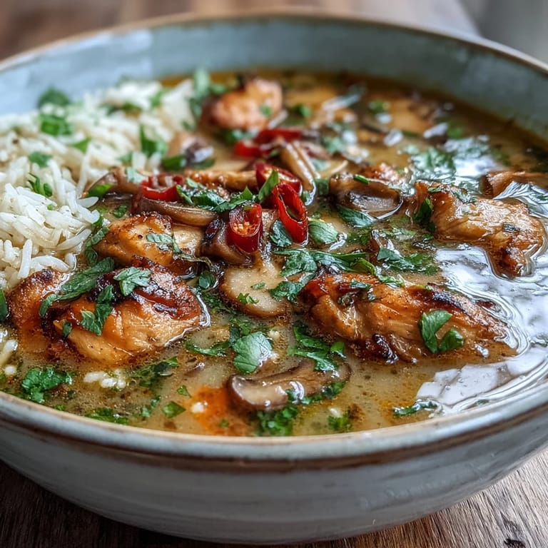 Steaming bowl of Thai Coconut Curry Soup garnished with cilantro and lime wedges, served alongside fluffy jasmine rice.  