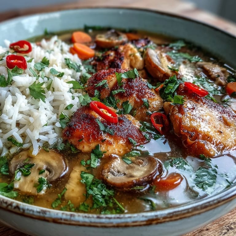 Vibrant Thai Coconut Curry Soup with chicken and vegetables, drizzled with coconut milk and topped with fresh cilantro.