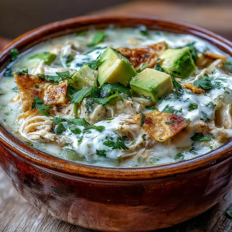Tex-Mex Creamy Chicken Tortilla Soup served hot with creamy avocado and crispy tortilla chips, ready to enjoy.