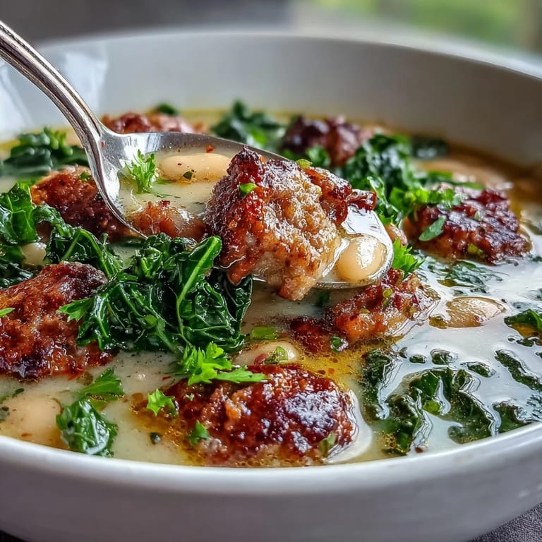 Creamy Italian White Bean Soup with Kale and Sausage alongside crusty bread on a marble surface, ready for a cozy dinner.