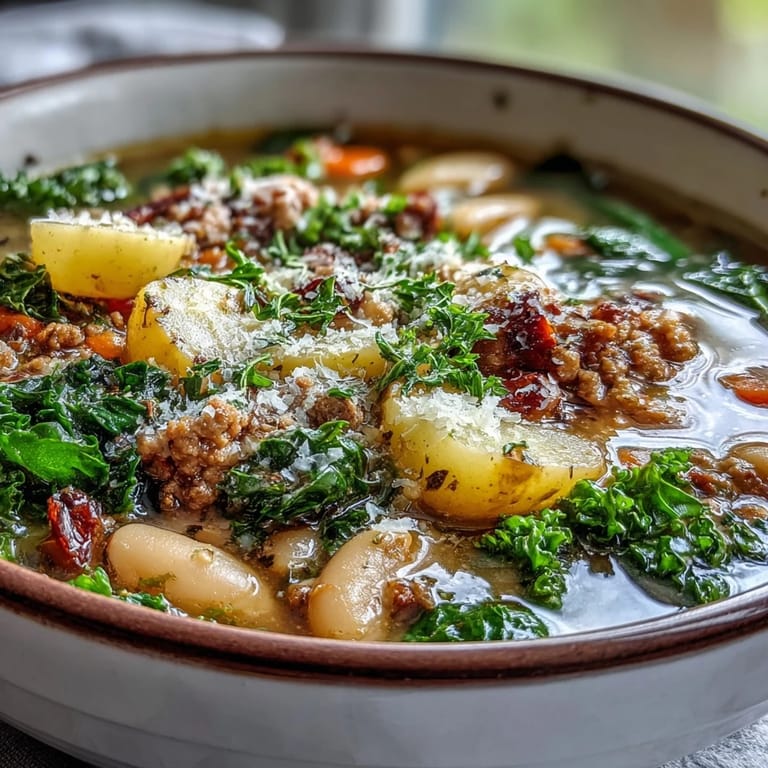 Savory Tuscan White Bean Sausage Soup simmering in a pot with rustic ingredients.