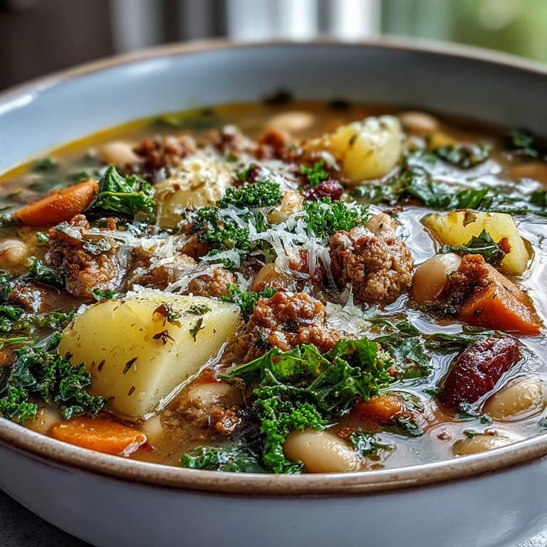 Spoon lifting a serving of creamy Tuscan White Bean Sausage Soup with sausage and beans.