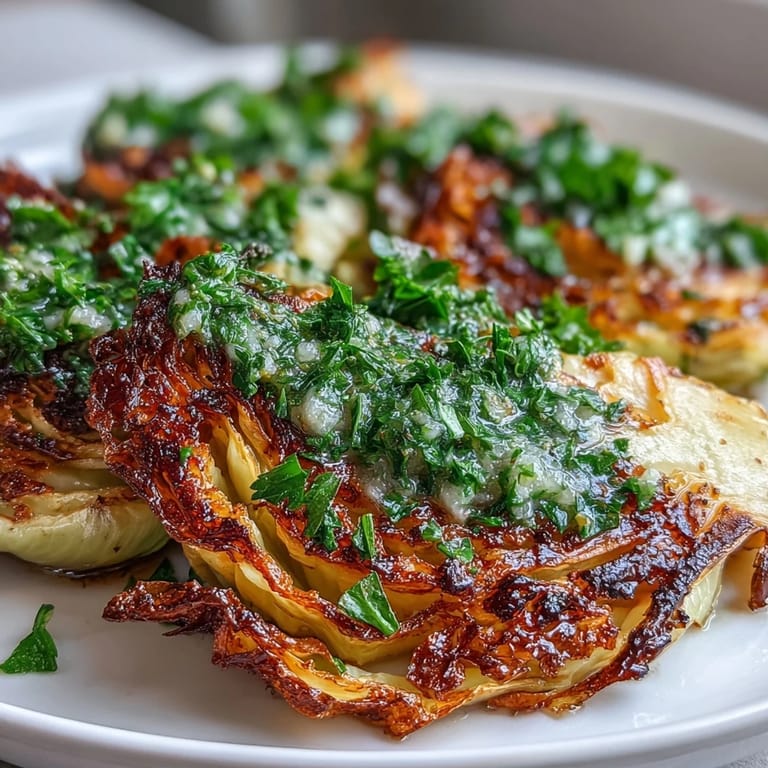 Thick roasted cabbage steaks with jalapeño chimichurri, garnished with fresh parsley and herbs.