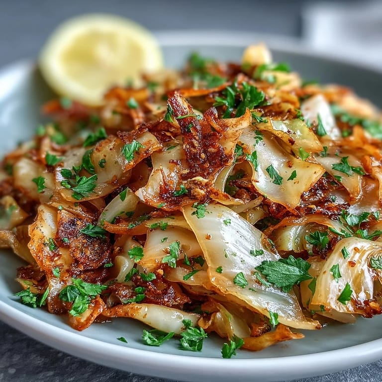 Tender Sautéed Cabbage with Mediterranean Spices served alongside grilled chicken and bright lemon wedges.