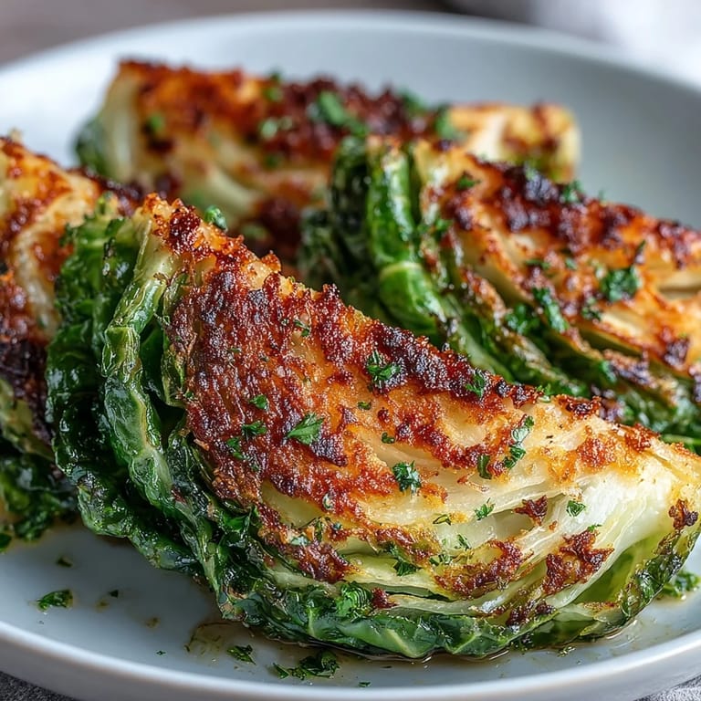 Savory Roasted Garlic Parmesan Cabbage Wedges served hot as a gluten-free vegetarian side dish for dinner.