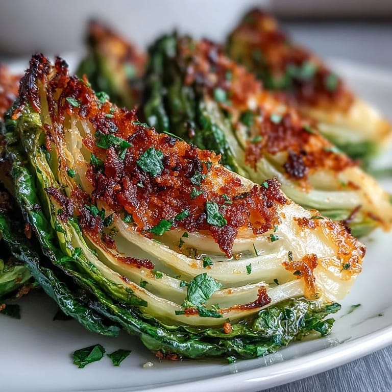 Close-up of golden Roasted Garlic Parmesan Cabbage Wedges with bubbling cheese and charred edges, ready to serve.