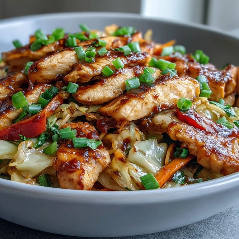 Freshly cooked Chicken Cabbage Stir-Fry in a wok, featuring vibrant red bell peppers and green onions.