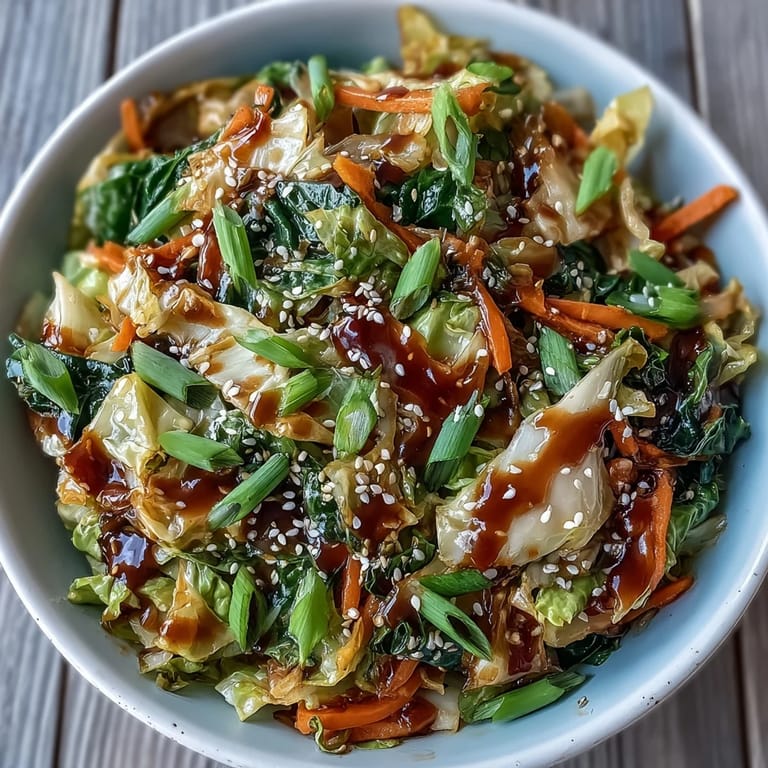 A close-up of freshly made Hot and Sour Cabbage, glistening with savory sauce and sesame seeds. Perfect easy gluten-free vegan side dish for rice bowls.