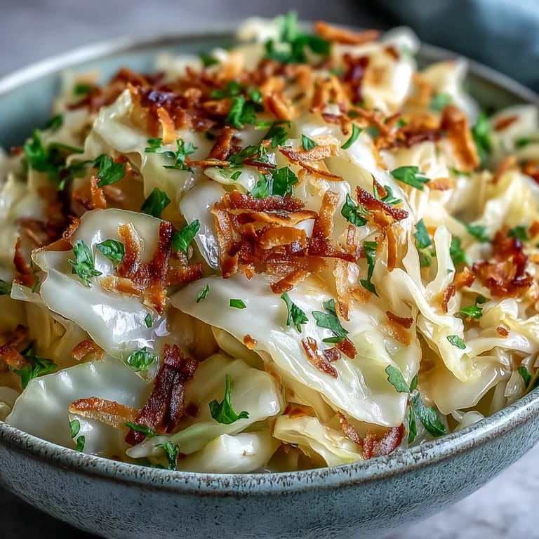 A warm bowl of Coconut Braised Cabbage topped with toasted coconut flakes and fresh cilantro.