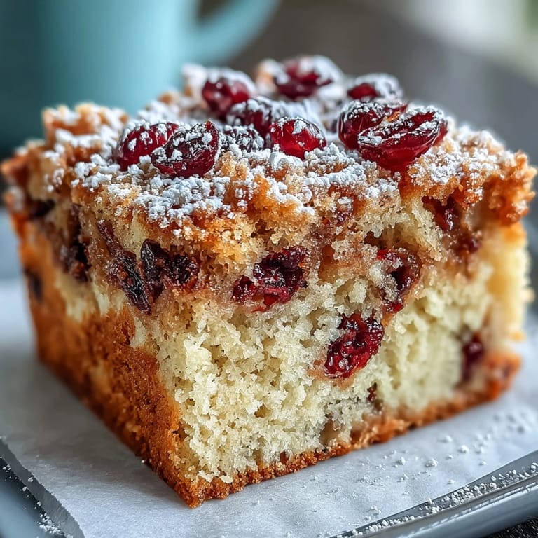 A close-up view of a moist Cranberry Orange Breakfast Cake, showing golden crust and juicy cranberry pieces, ready to be sliced and enjoyed.