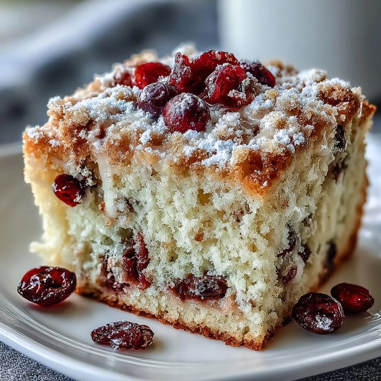 Slices of tender Cranberry Orange Breakfast Cake reveal vibrant orange zest and tart cranberries, served on a rustic white plate for breakfast.