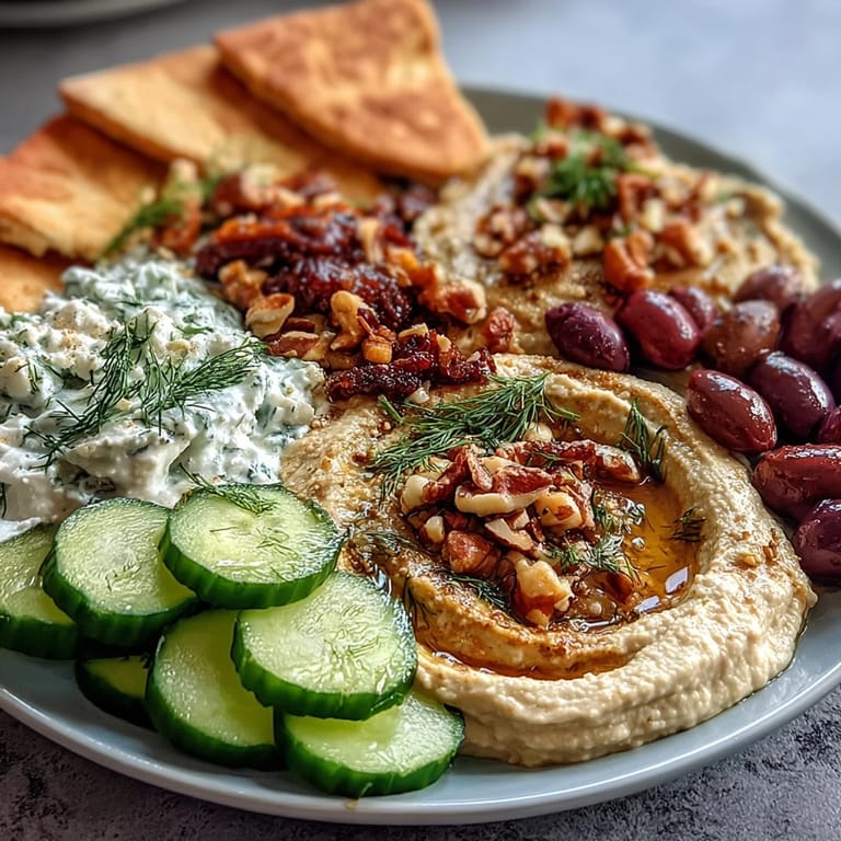 Close-up of a Mediterranean Brunch Board with Dips and Flatbreads, highlighting colorful tzatziki and roasted pepper dip beside warm pita bread triangles.