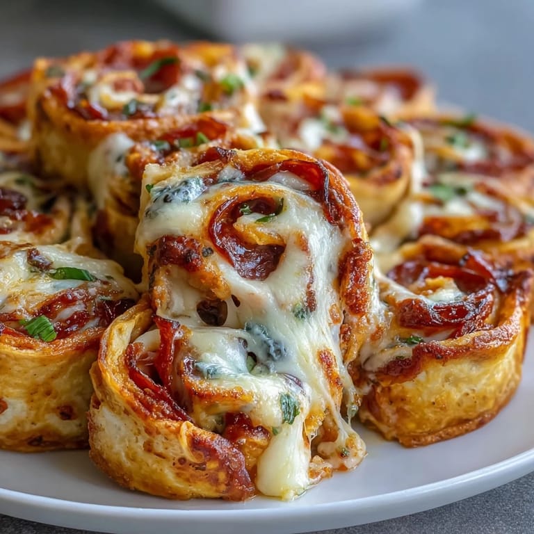 Close-up on Tortilla Pizza Rolls reveals melted mozzarella, red tomato sauce, and pepperoni inside a crispy rolled tortilla.