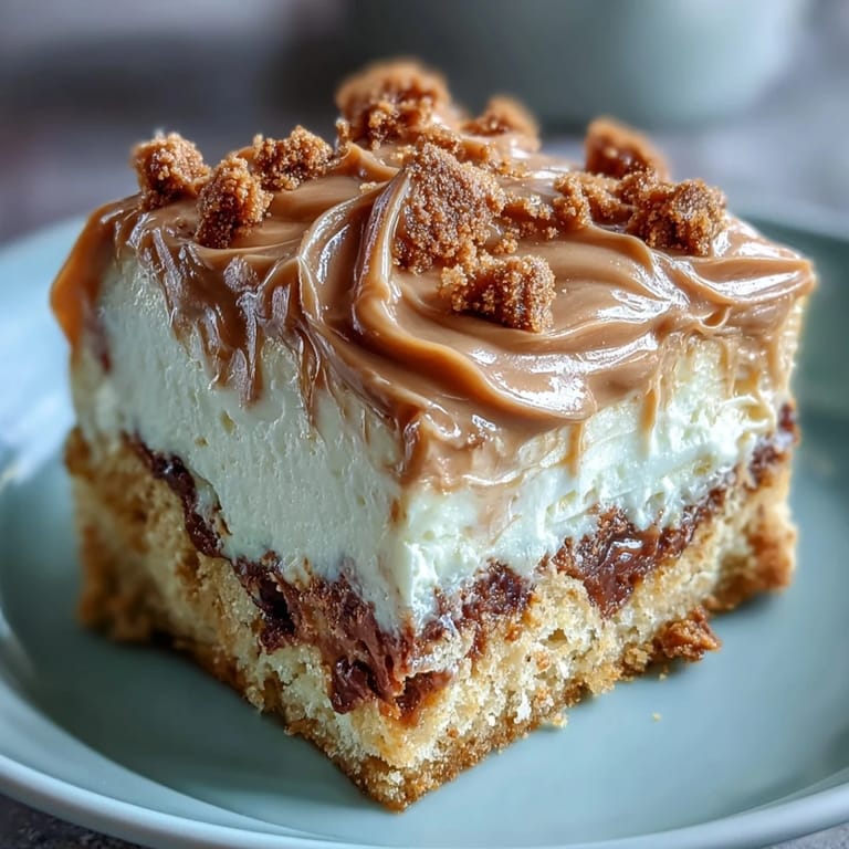 A freshly frosted Decadent Baked Biscoff Cake with Creamy Lotus Frosting, showcasing a moist, golden-brown crumb and a generous drizzle of extra Lotus spread.