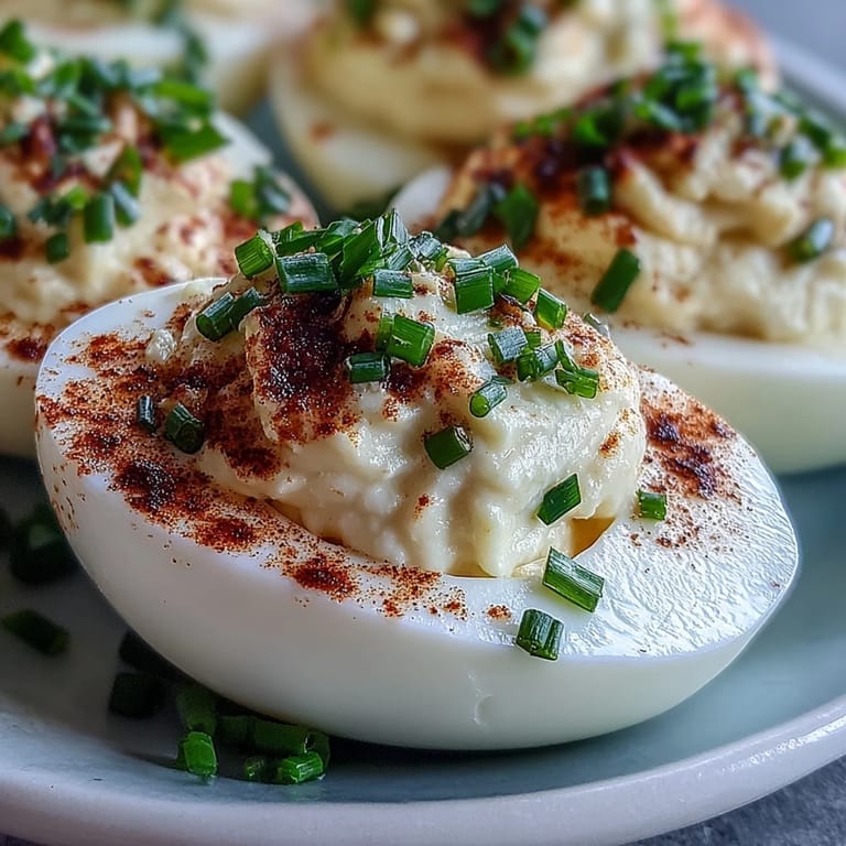 Close-up of piping hot Million Dollar Deviled Eggs topped with fresh chives on a rustic wooden serving board.